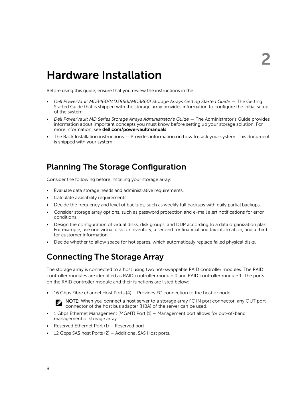 Dell Md3860f manual Hardware Installation, Planning The Storage Configuration, Connecting The Storage Array 