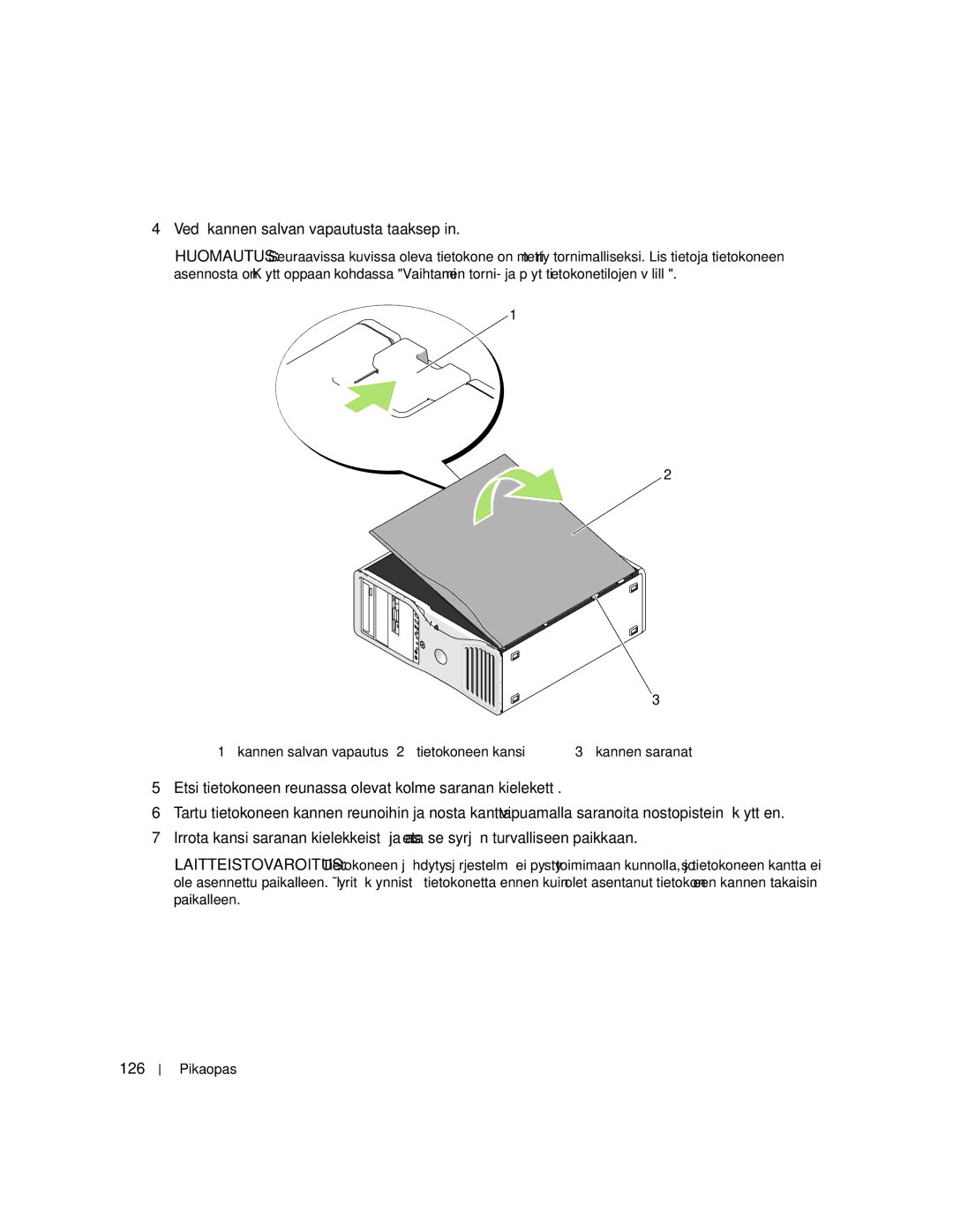 Dell MD504 manual 126, Kannen salvan vapautus Tietokoneen kansi 