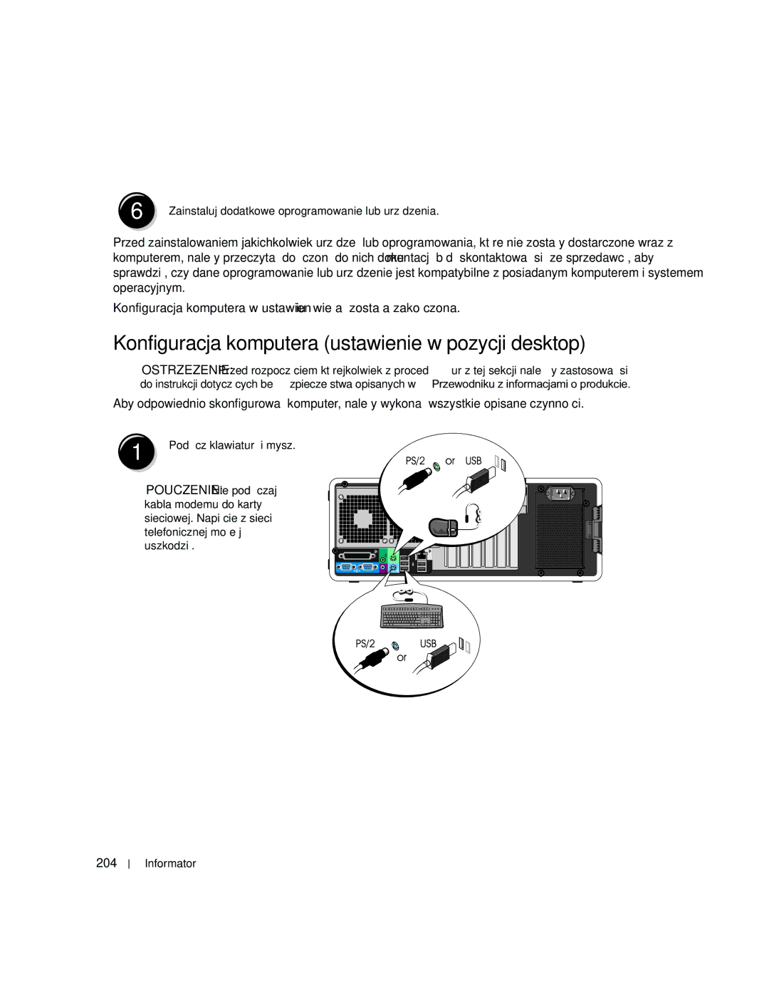 Dell MD504 manual Konfiguracja komputera ustawienie w pozycji desktop, 204 