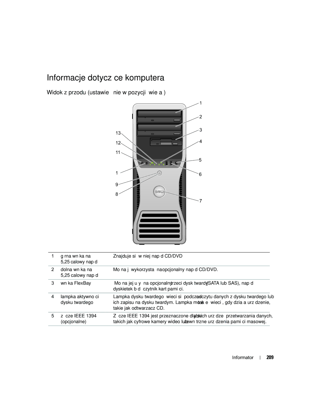 Dell MD504 manual Informacje dotyczące komputera, Widok z przodu ustawienie w pozycji „wieża, 209 