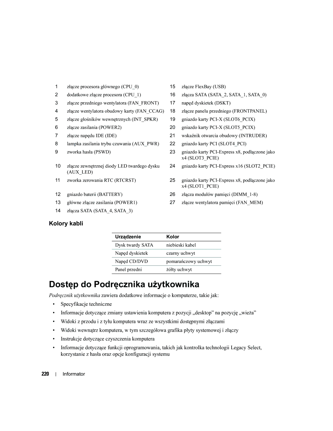 Dell MD504 manual Dostęp do Podręcznika użytkownika, Kolory kabli, 220 