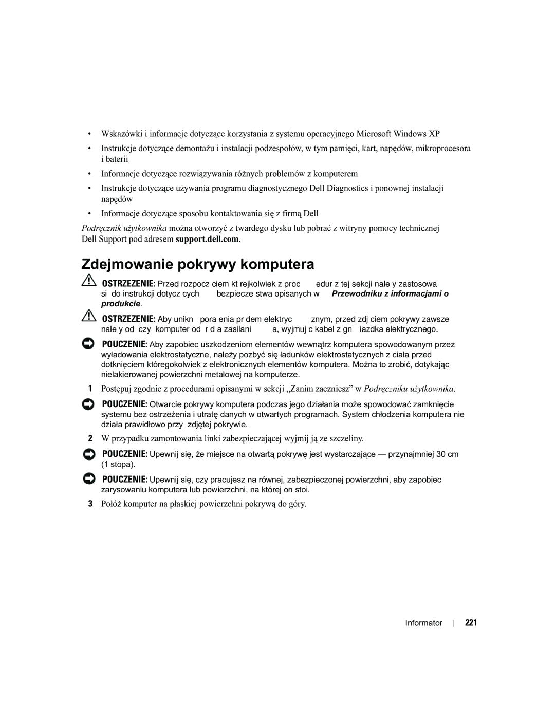 Dell MD504 manual Zdejmowanie pokrywy komputera, 221 