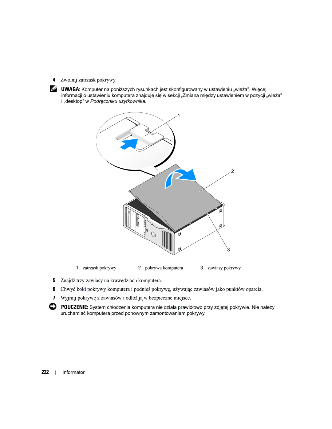 Dell MD504 manual Zwolnij zatrzask pokrywy, 222 