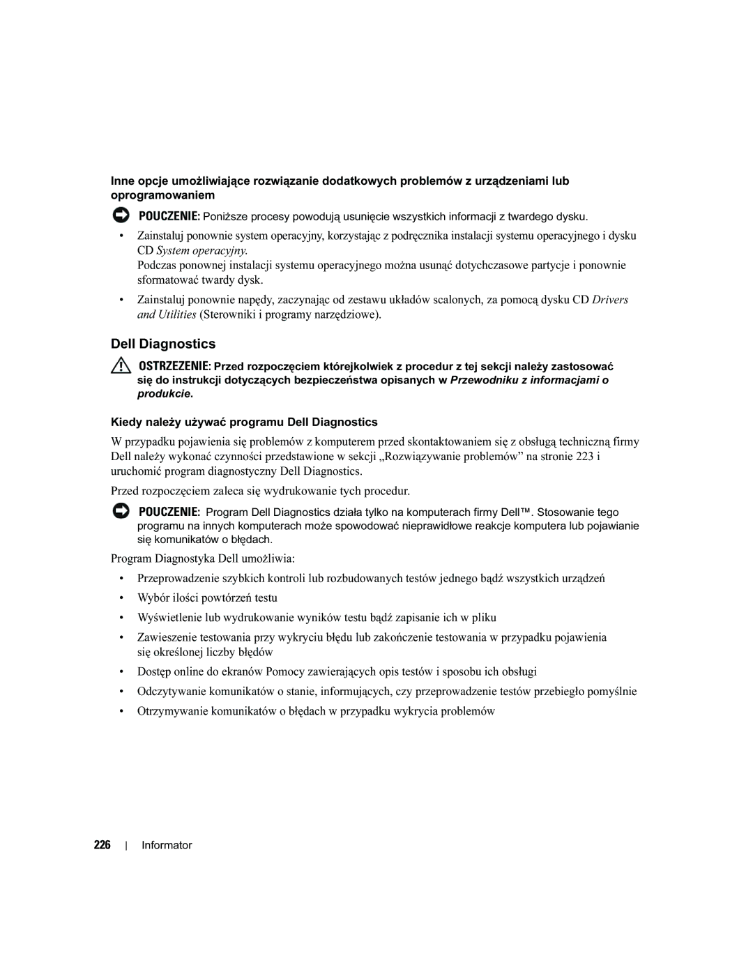 Dell MD504 manual Kiedy należy używać programu Dell Diagnostics, 226 