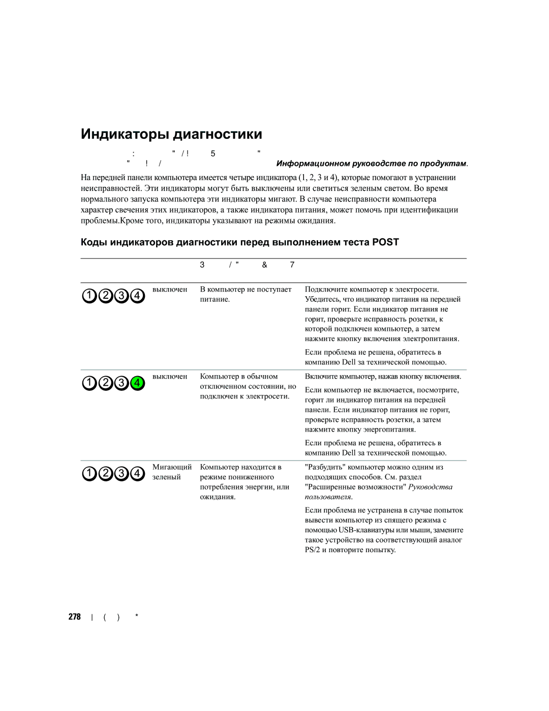 Dell MD504 manual Индикаторы диагностики, Коды индикаторов диагностики перед выполнением теста Post, 278 