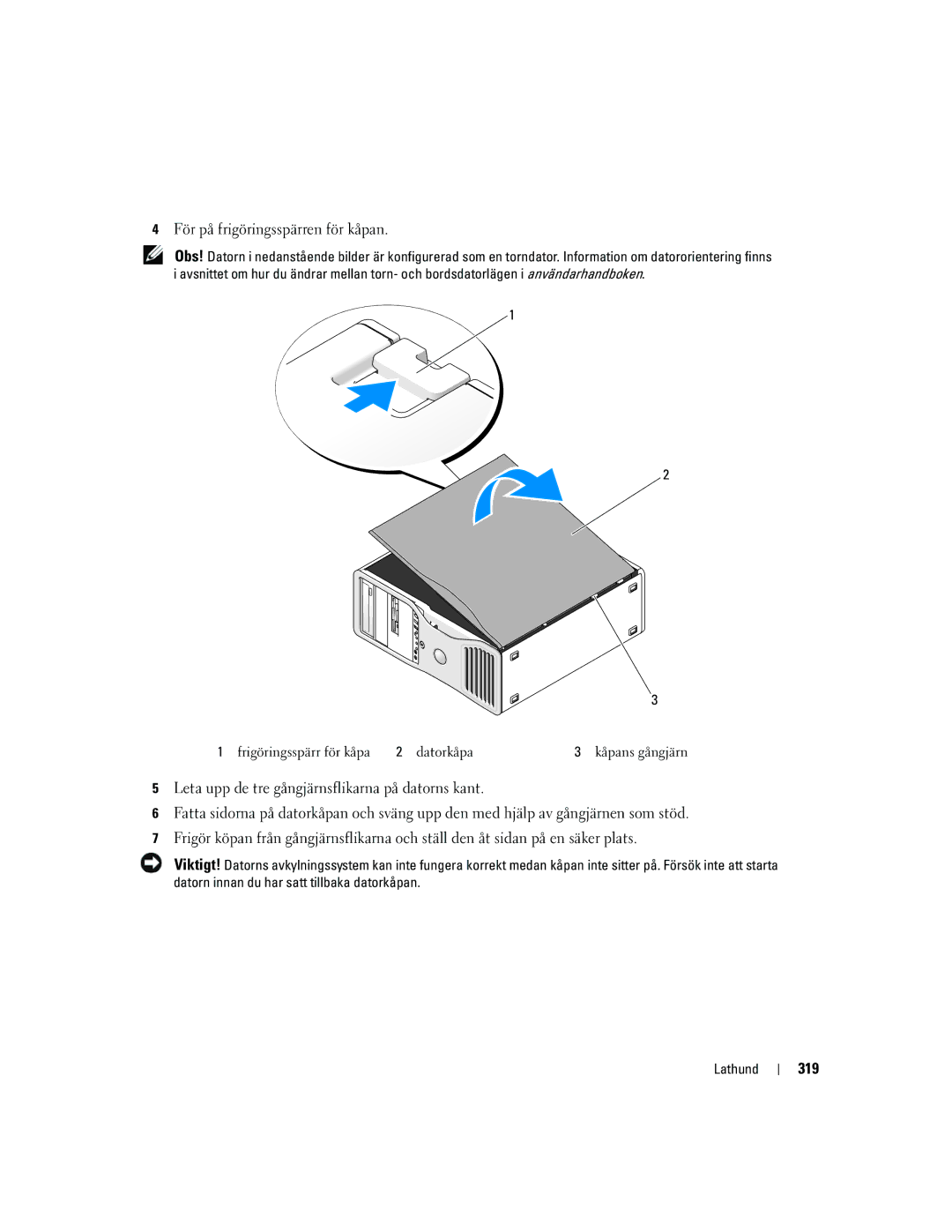 Dell MD504 manual 319, Frigöringsspärr för kåpa Datorkåpa 