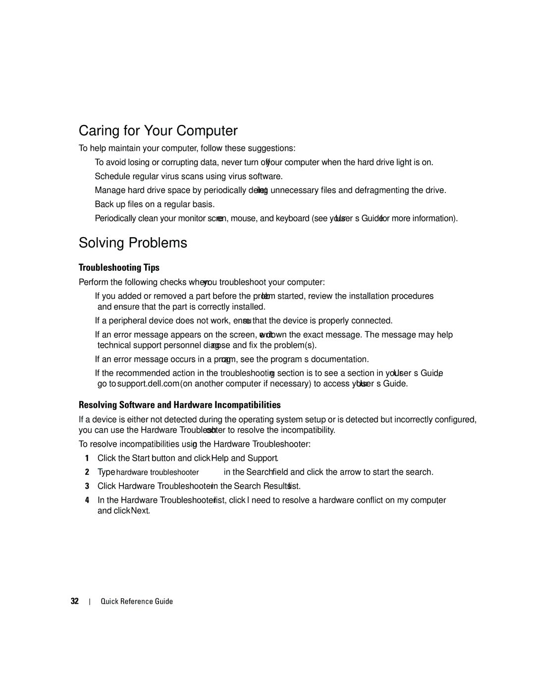 Dell MD504 manual Caring for Your Computer, Solving Problems, Troubleshooting Tips 