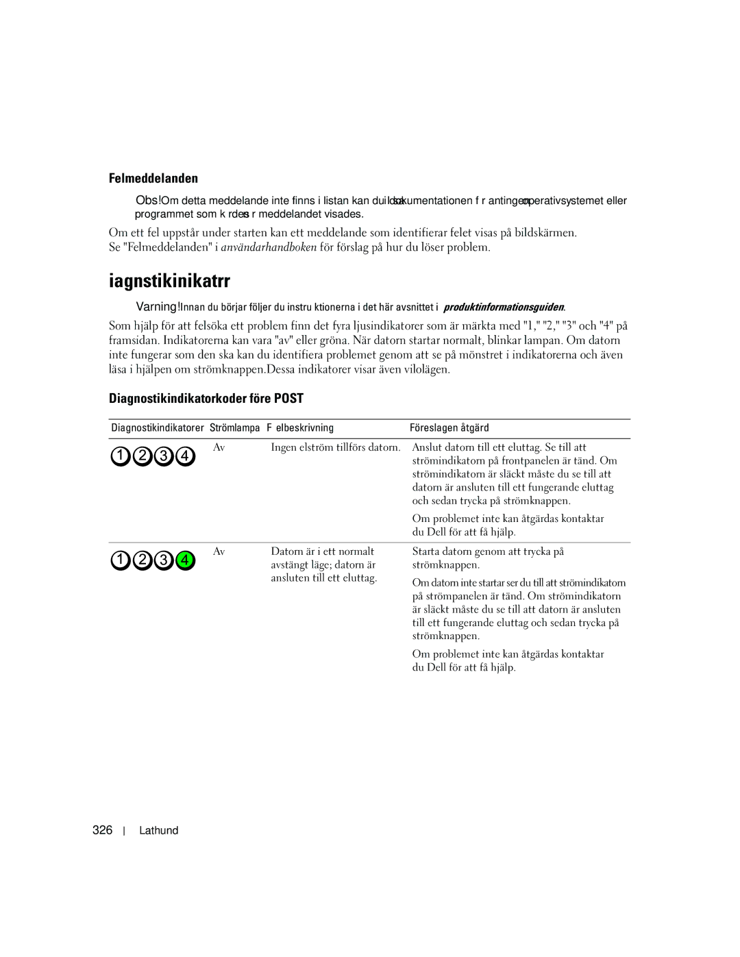 Dell MD504 manual Diagnostikindikatorer, Felmeddelanden, Diagnostikindikatorkoder före Post, 326 