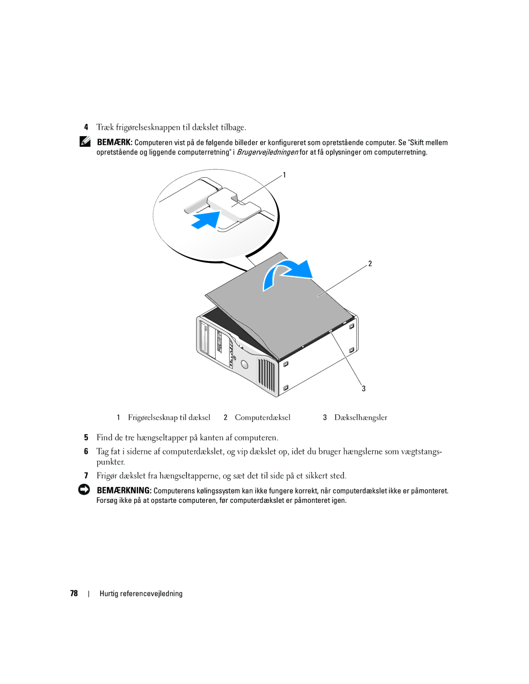 Dell MD504 manual Træk frigørelsesknappen til dækslet tilbage, Frigørelsesknap til dæksel Computerdæksel 