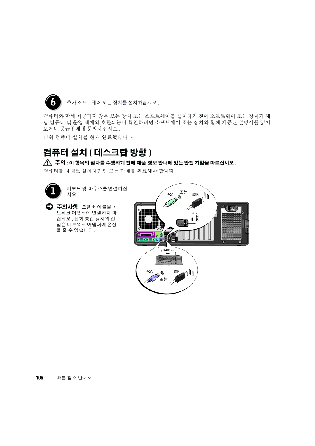 Dell MD506 manual 컴퓨터 설치 데스크탑 방향, 106 