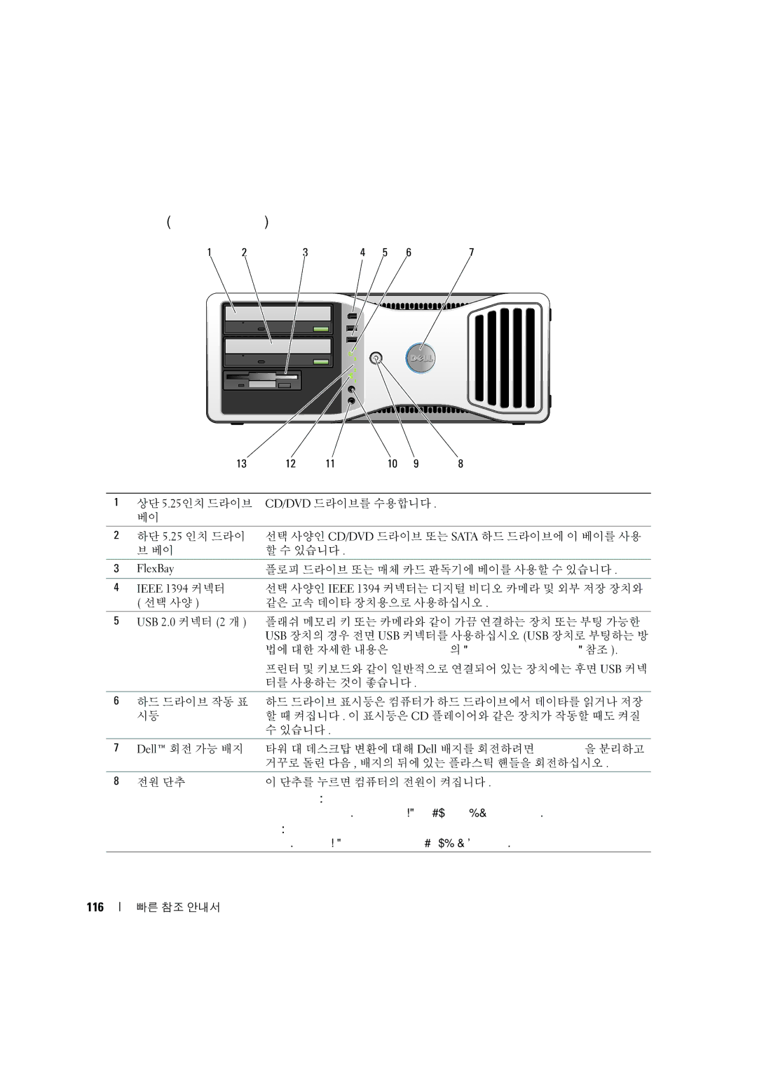 Dell MD506 manual 전면 모습 데스크탑 방향, 116 