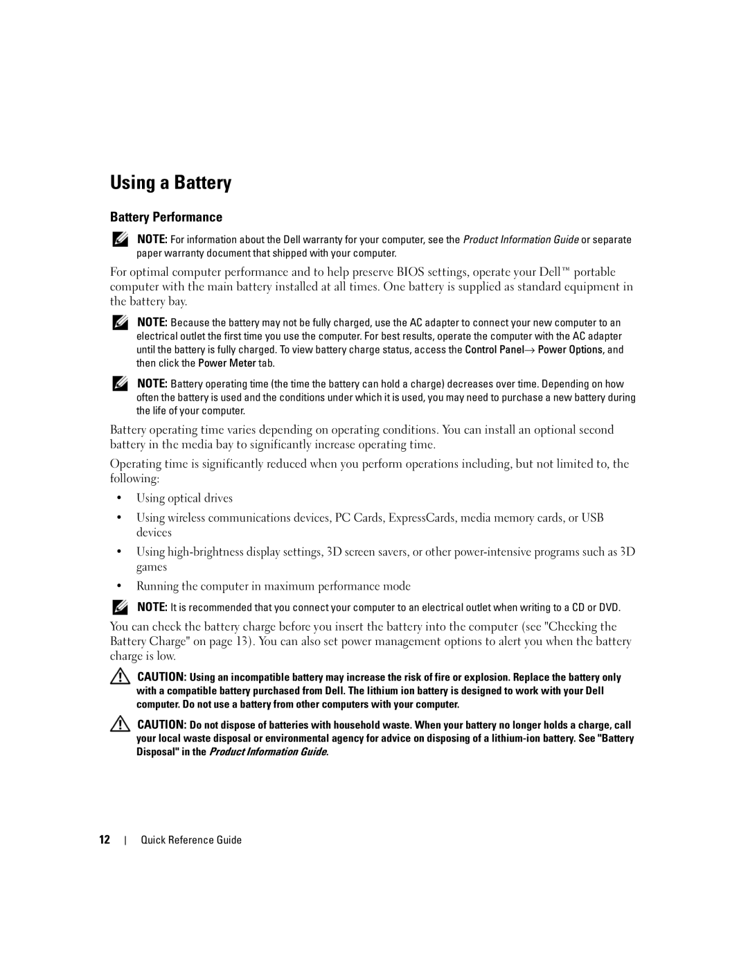 Dell MD971 manual Using a Battery, Battery Performance 