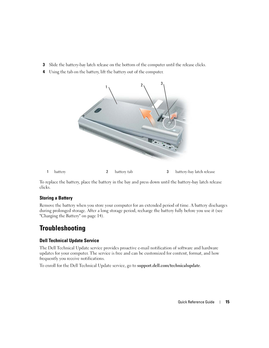 Dell MD971 manual Troubleshooting, Storing a Battery, Dell Technical Update Service 