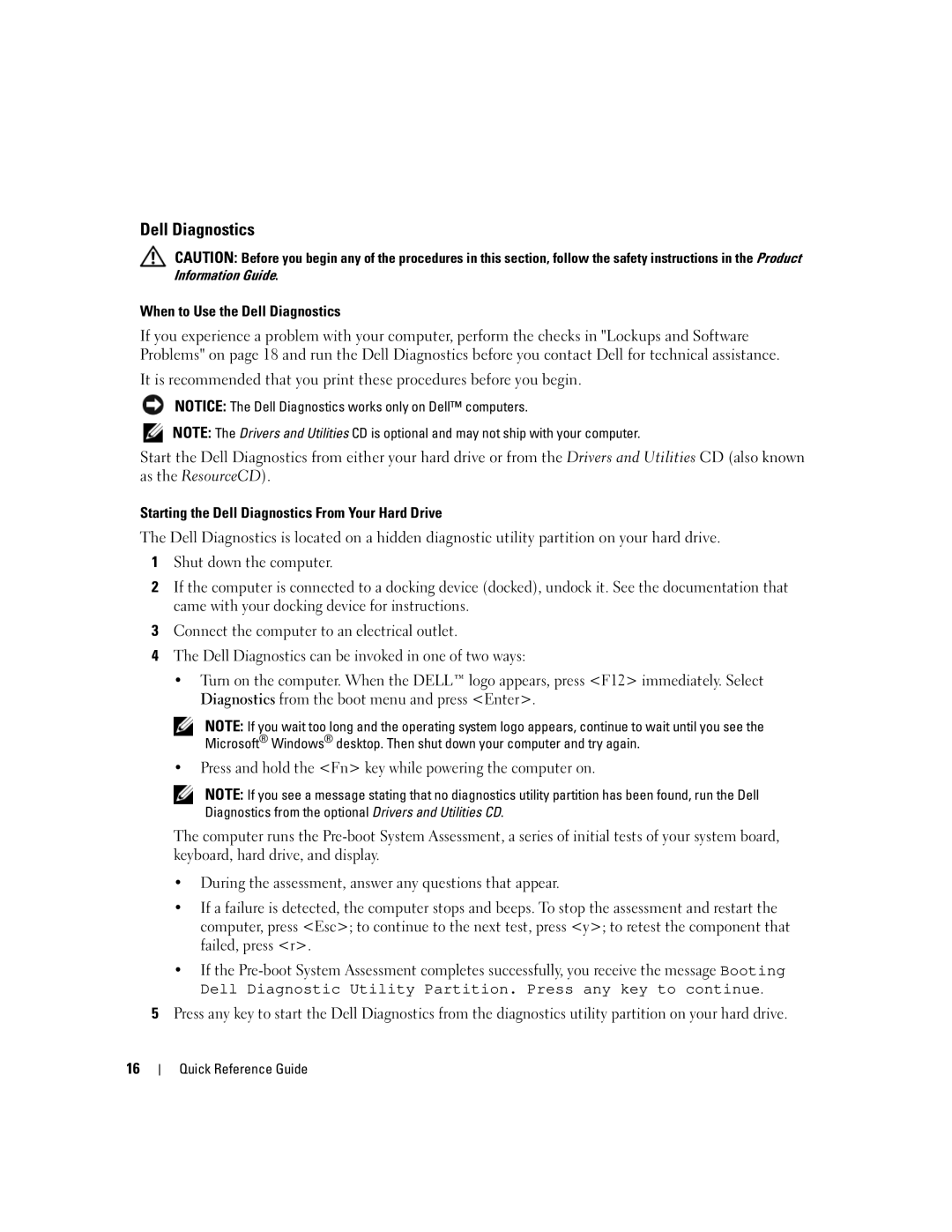 Dell MD971 When to Use the Dell Diagnostics, Starting the Dell Diagnostics From Your Hard Drive, Information Guide 