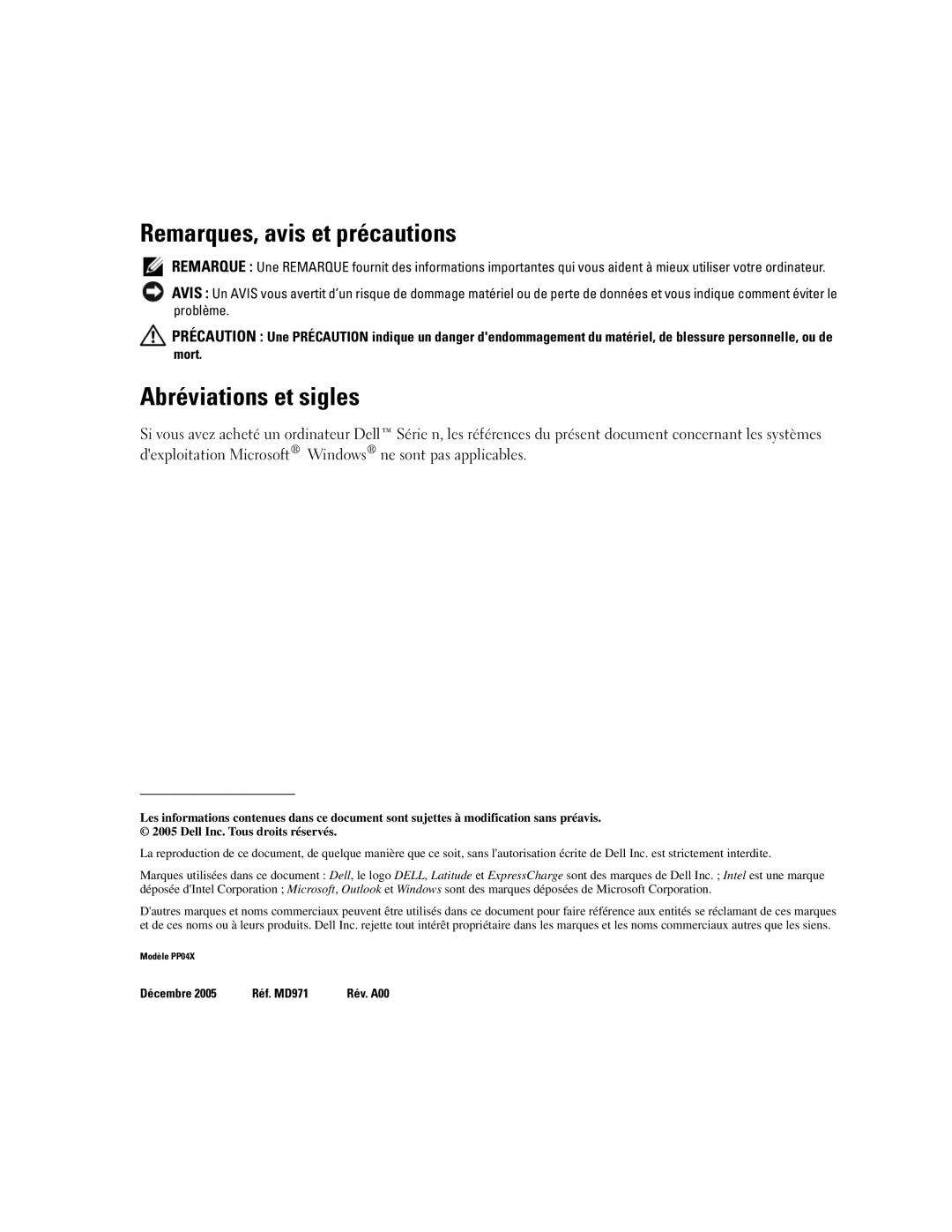 Dell MD971 manual Remarques, avis et précautions, Abréviations et sigles 