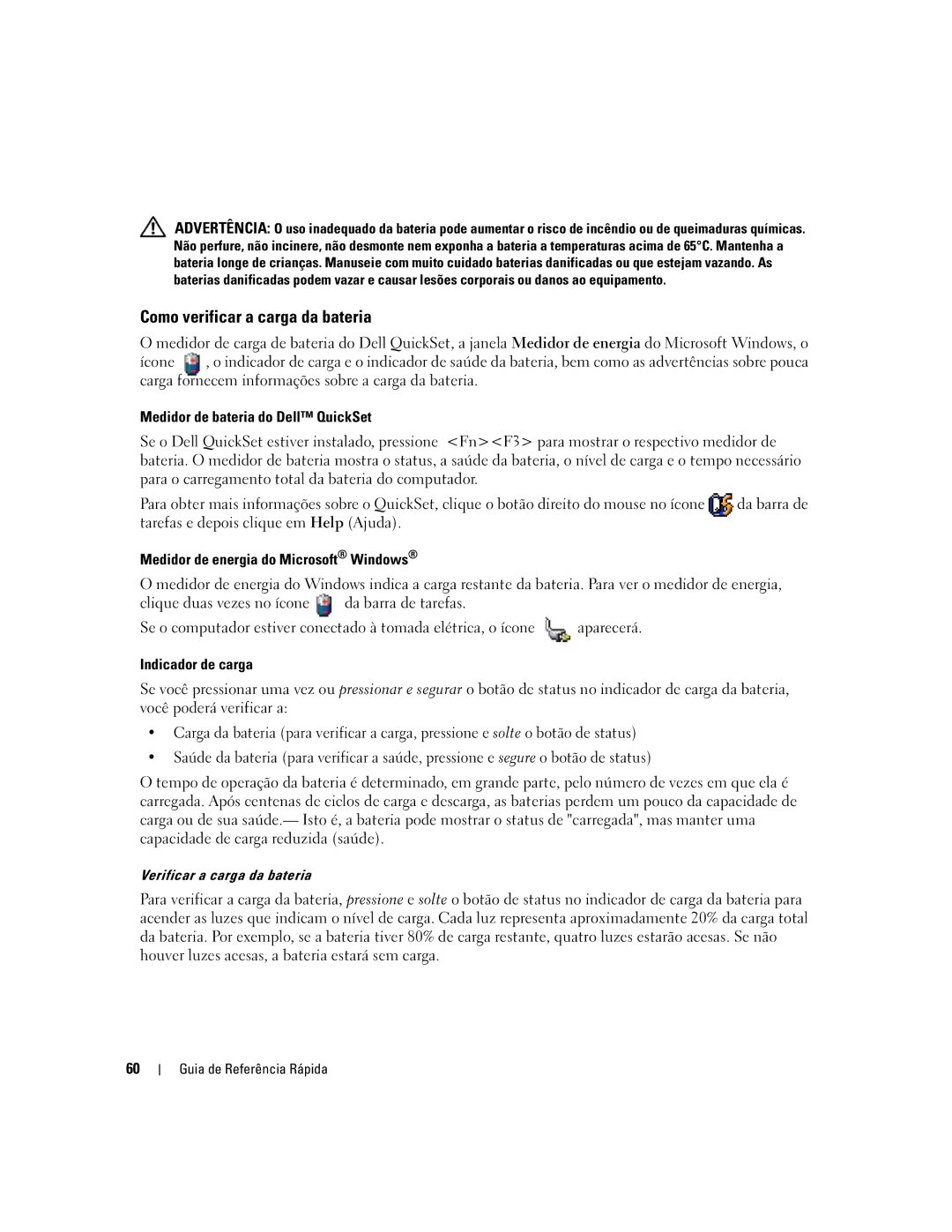 Dell MD971 Como verificar a carga da bateria, Medidor de bateria do Dell QuickSet, Medidor de energia do Microsoft Windows 