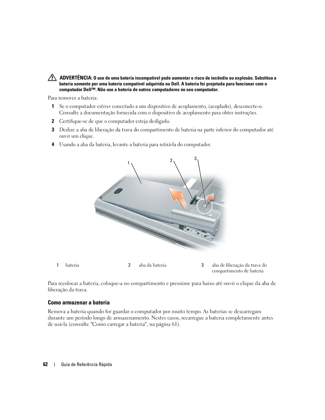 Dell MD971 manual Como armazenar a bateria, Para remover a bateria 