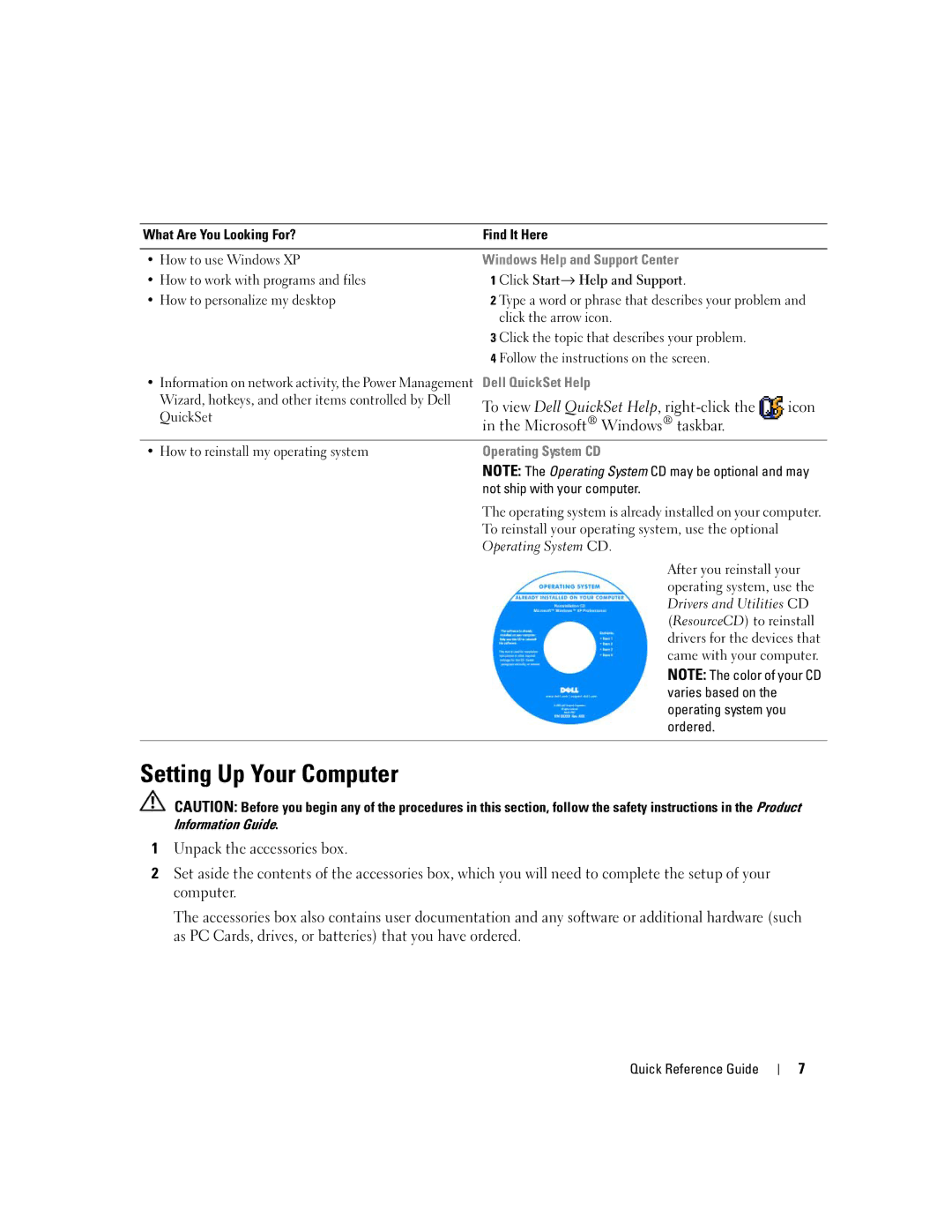 Dell MD971 manual Setting Up Your Computer, Windows Help and Support Center, Dell QuickSet Help, Operating System CD 