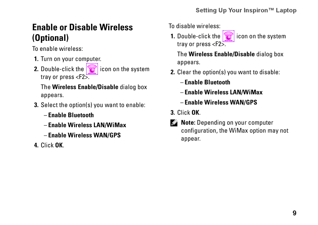 Dell 0R891KA01, Mini 10, PP19S setup guide Enable or Disable Wireless Optional, Wireless Enable/Disable dialog box appears 