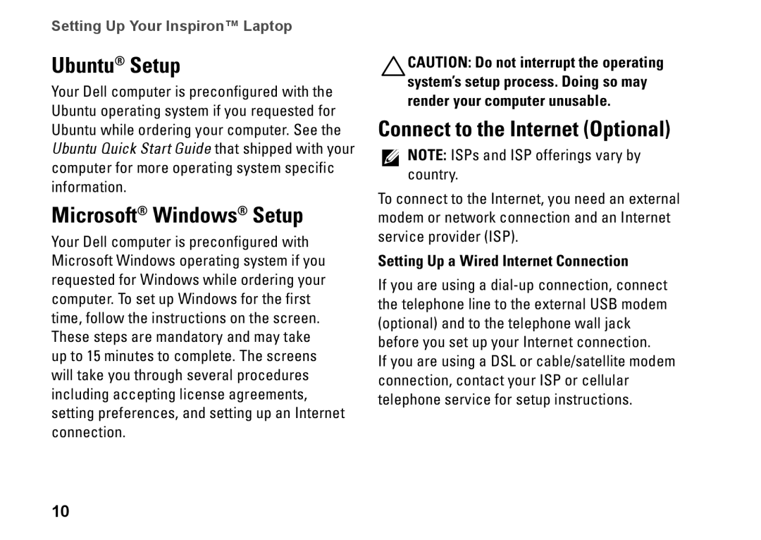 Dell Mini 10, PP19S, 0R891KA01 setup guide Ubuntu Setup, Microsoft Windows Setup, Connect to the Internet Optional 