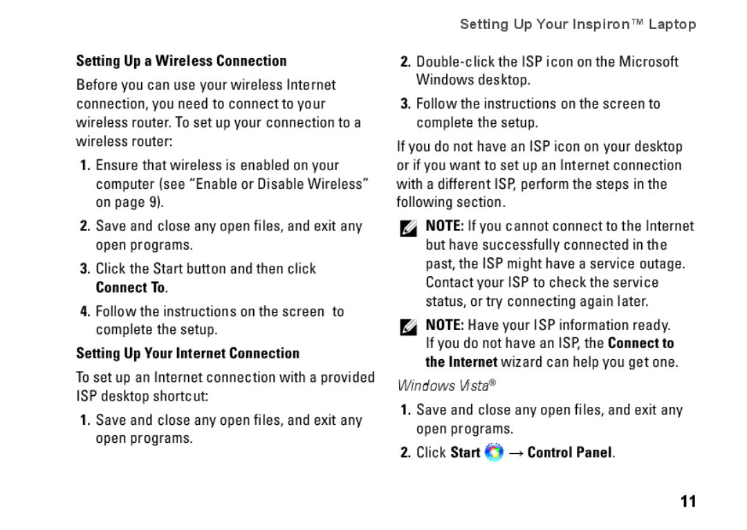 Dell R891K, Mini 10 Setting Up a Wireless Connection, Setting Up Your Internet Connection, Click Start → Control Panel 
