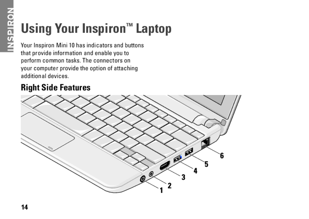 Dell Mini 10, PP19S, 0R891KA01 setup guide Using Your Inspiron Laptop, Right Side Features 