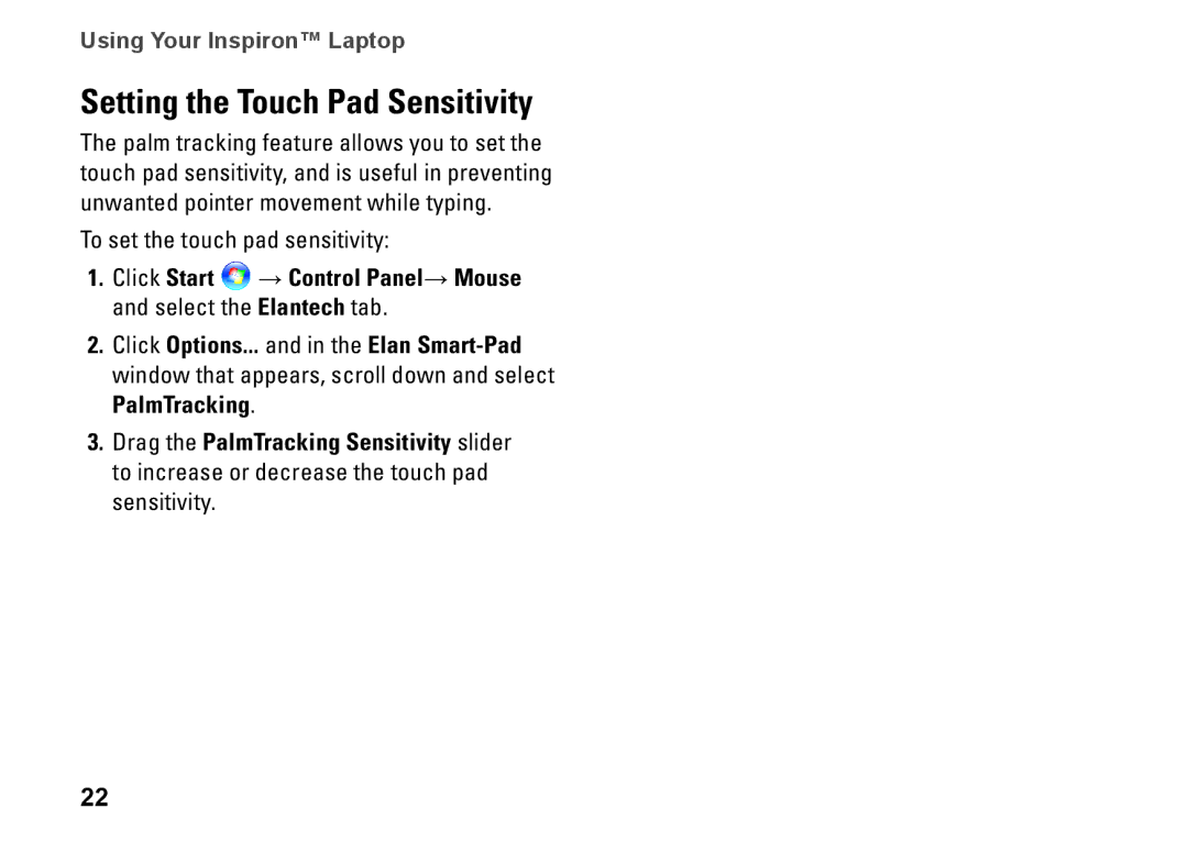 Dell Mini 10, PP19S, 0R891KA01 setup guide Setting the Touch Pad Sensitivity 