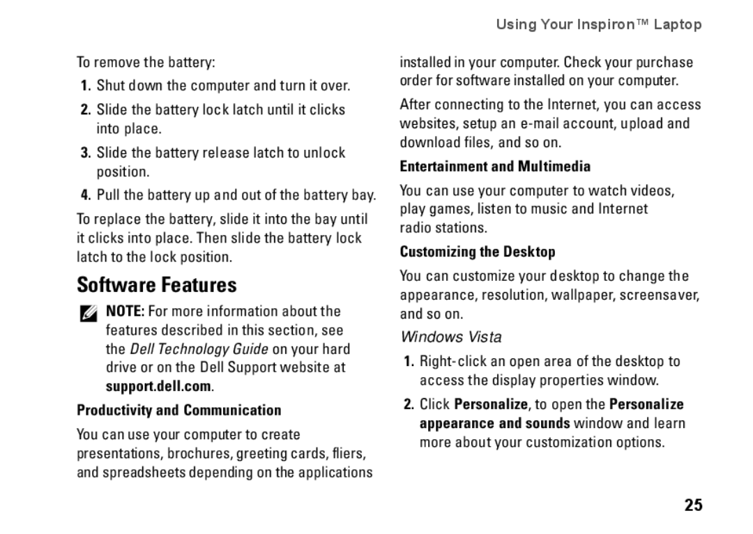 Dell 0R891KA01 Software Features, Productivity and Communication, Entertainment and Multimedia, Customizing the Desktop 