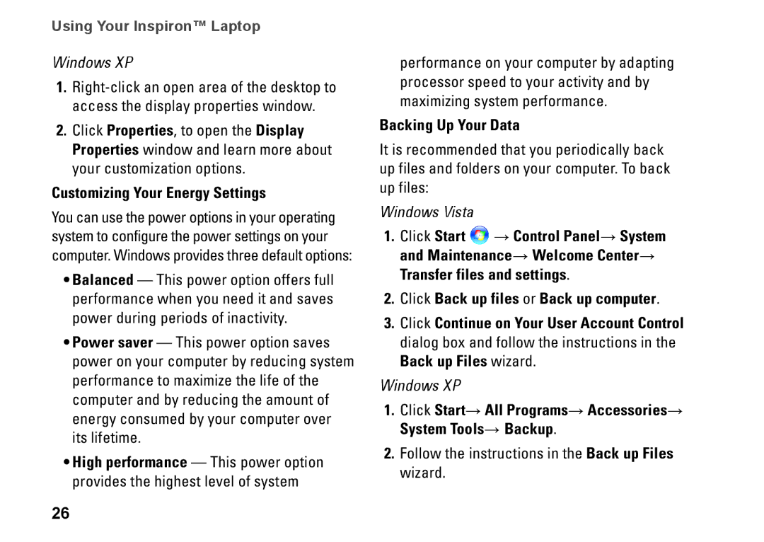 Dell Mini 10, PP19S, 0R891KA01 setup guide Customizing Your Energy Settings, Backing Up Your Data 