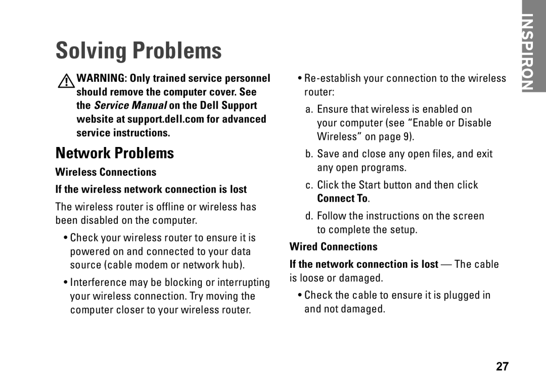 Dell Mini 10, PP19S, 0R891KA01 setup guide Solving Problems, Network Problems 