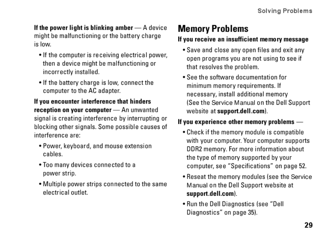 Dell 0R891KA01 Memory Problems, If you receive an insufficient memory message, If you experience other memory problems 