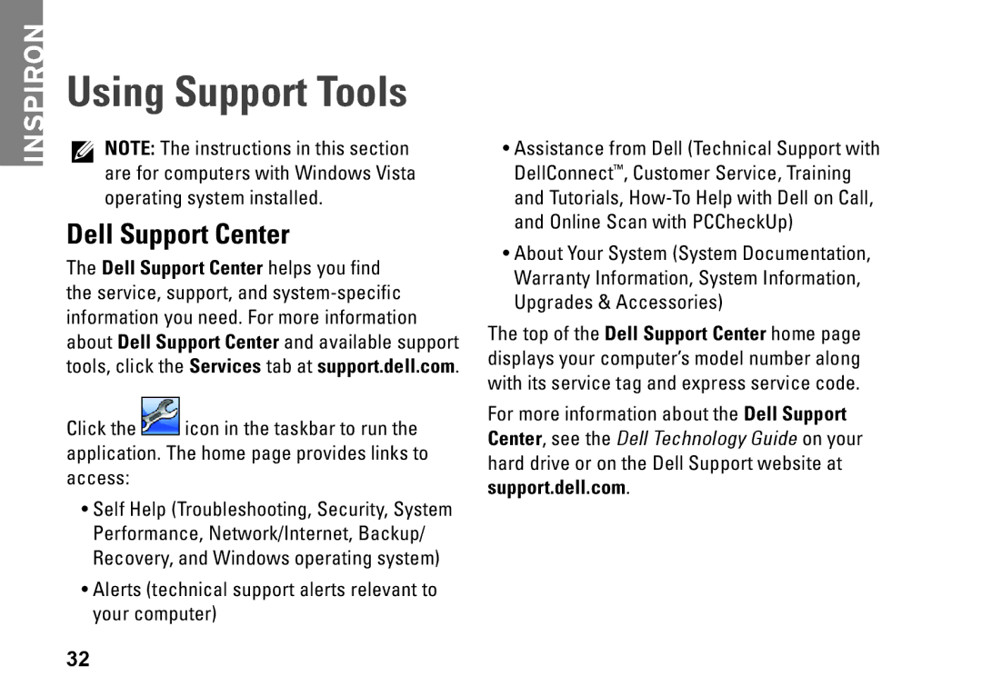 Dell PP19S, Mini 10, 0R891KA01 setup guide Using Support Tools, Dell Support Center 