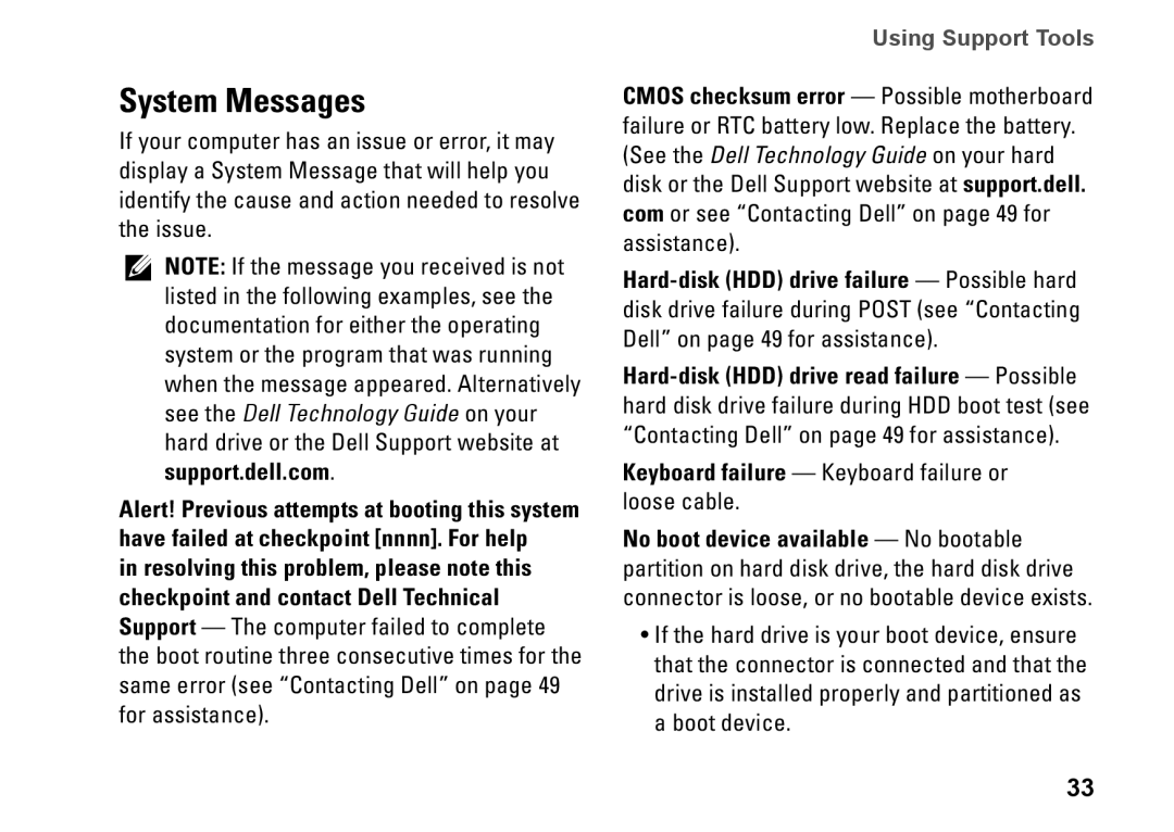 Dell 0R891KA01, Mini 10, PP19S setup guide System Messages, Keyboard failure Keyboard failure or loose cable 