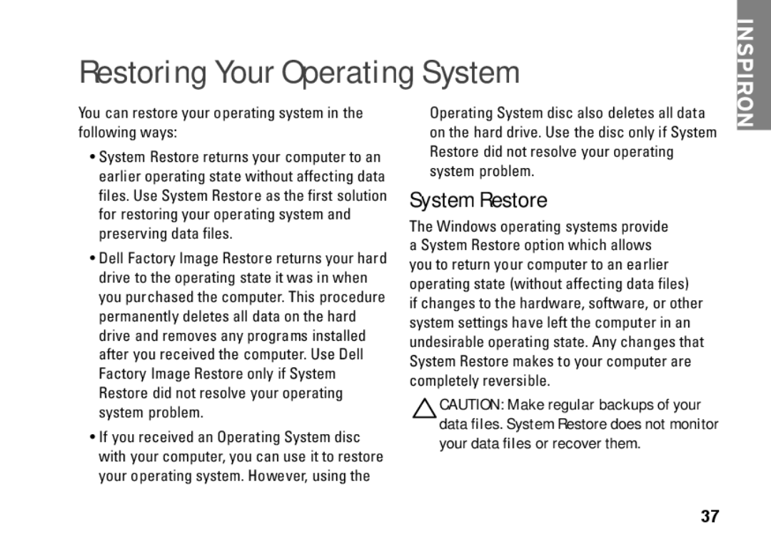 Dell 0R891KA01, Mini 10, PP19S setup guide Restoring Your Operating System, System Restore 