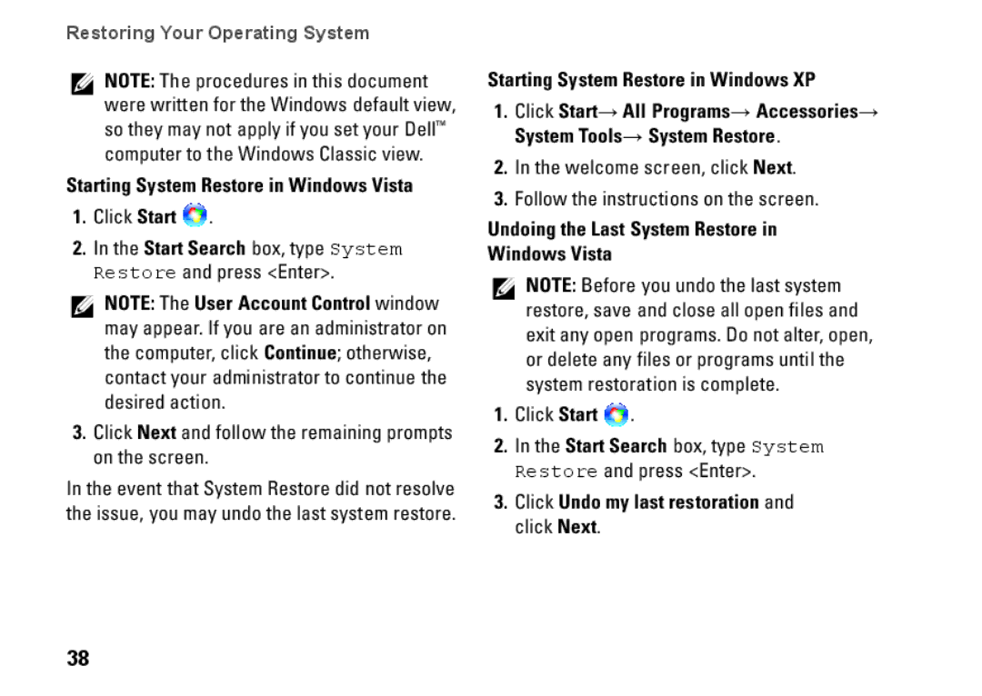 Dell Mini 10, PP19S, 0R891KA01 setup guide Starting System Restore in Windows Vista, Starting System Restore in Windows XP 