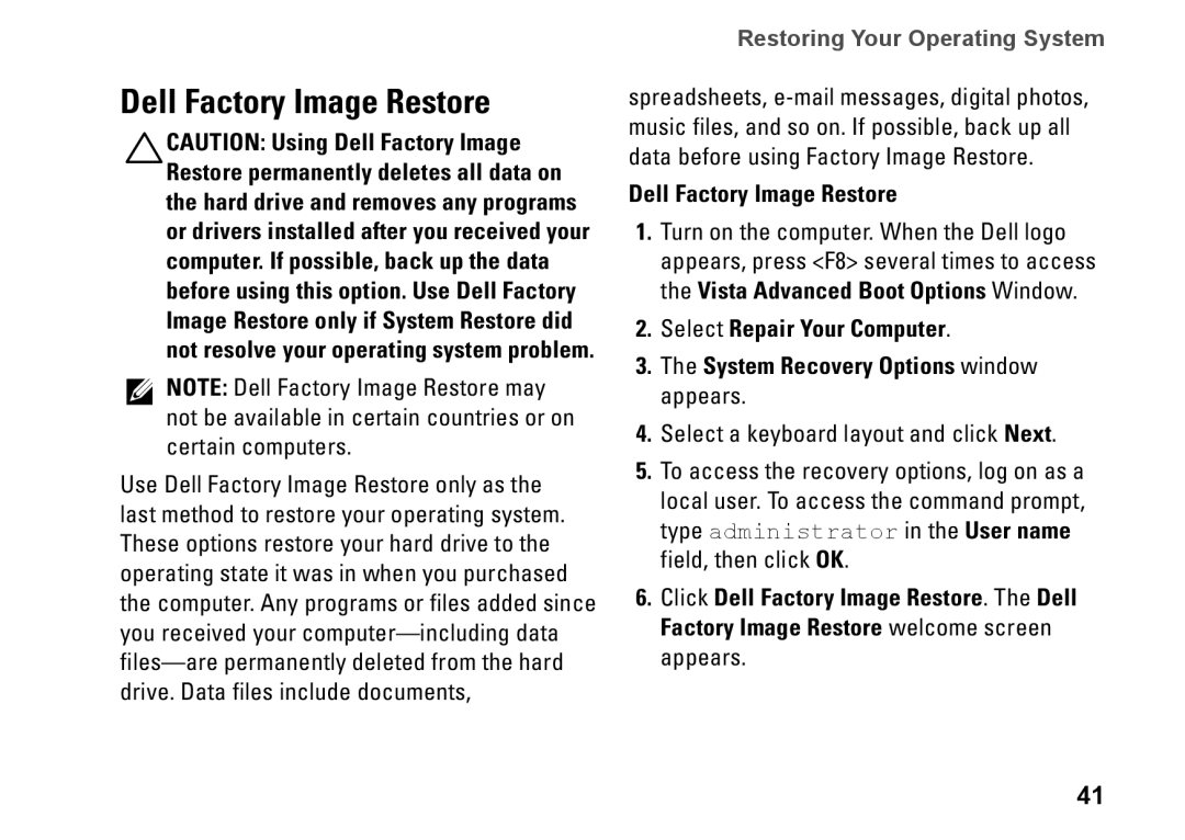 Dell 0R891KA01, Mini 10, PP19S setup guide Dell Factory Image Restore 
