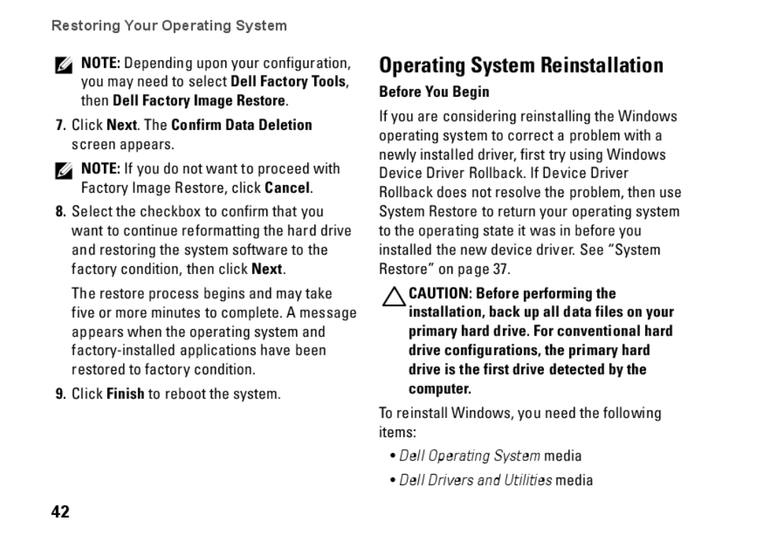 Dell Mini 10 Operating System Reinstallation, Click Next. The Confirm Data Deletion screen appears, Before You Begin 