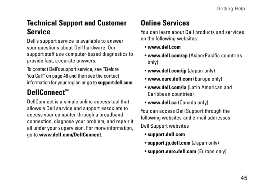 Dell 0R891KA01, Mini 10, PP19S setup guide DellConnect, Online Services, Support.dell.com 