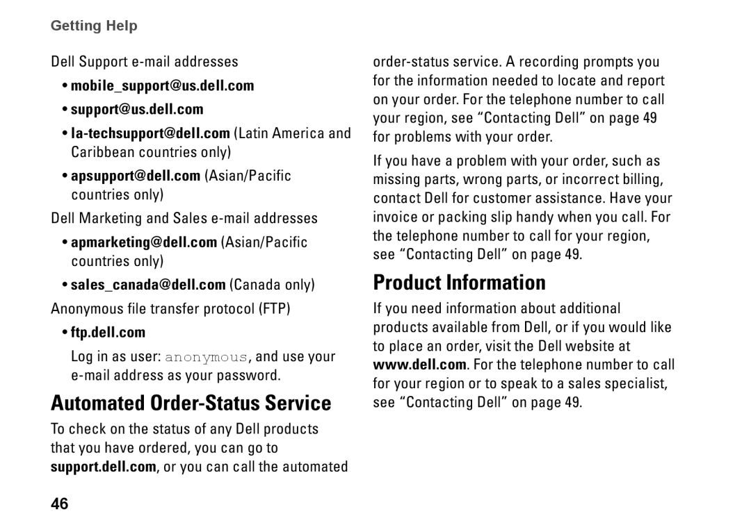 Dell Mini 10, PP19S, 0R891KA01 Product Information, Mobilesupport@us.dell.com Support@us.dell.com, Ftp.dell.com 