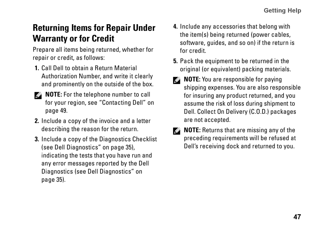 Dell Mini 10, PP19S, 0R891KA01 setup guide Returning Items for Repair Under Warranty or for Credit 