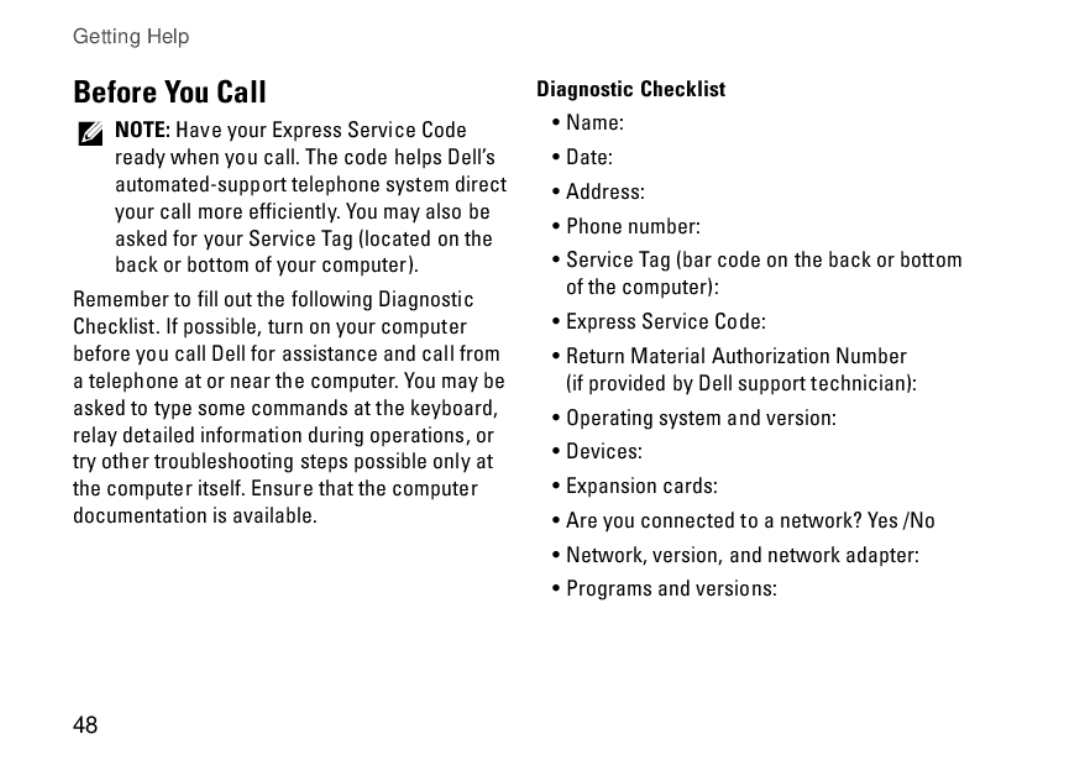 Dell PP19S, Mini 10, 0R891KA01 setup guide Before You Call, Diagnostic Checklist 