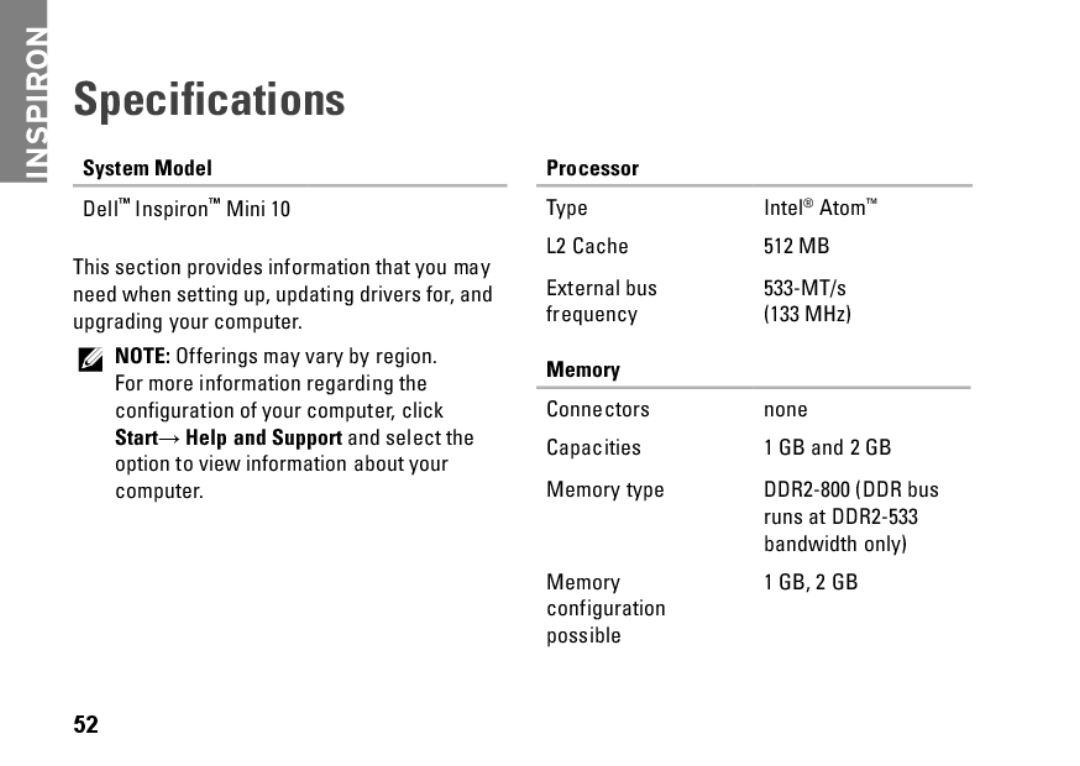 Dell PP19S, Mini 10, 0R891KA01 setup guide Specifications, System Model, Processor, Memory 