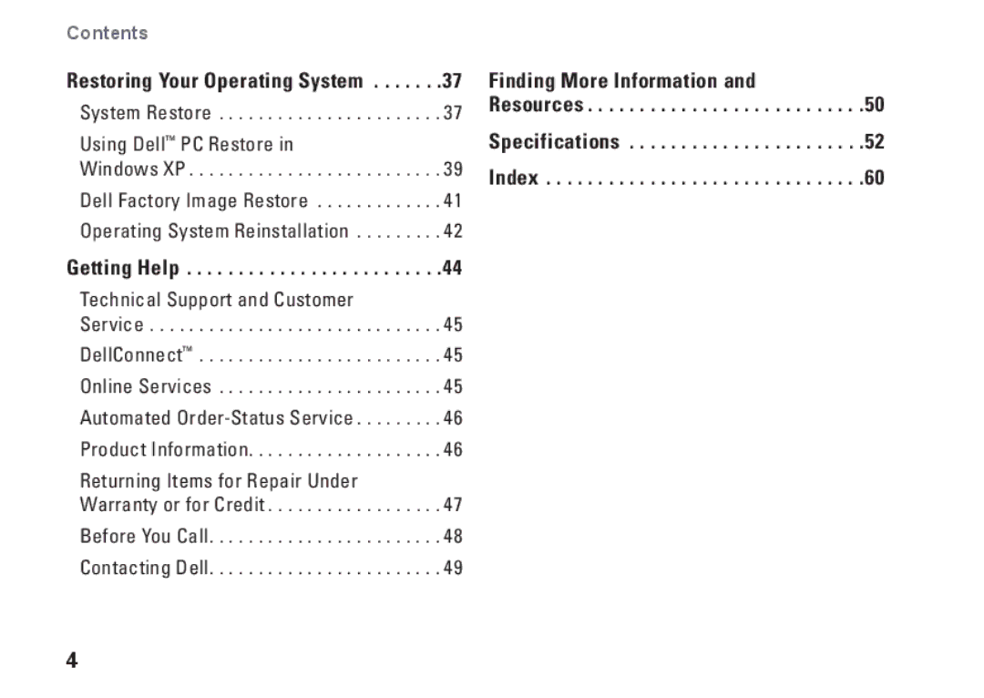 Dell PP19S, Mini 10, 0R891KA01 setup guide Finding More Information Resources Specifications Index 