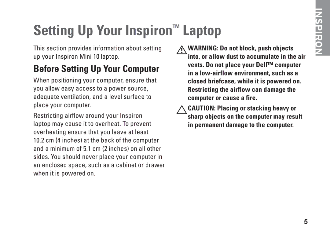 Dell 0R891KA01, Mini 10, PP19S setup guide Setting Up Your Inspiron Laptop, Before Setting Up Your Computer 