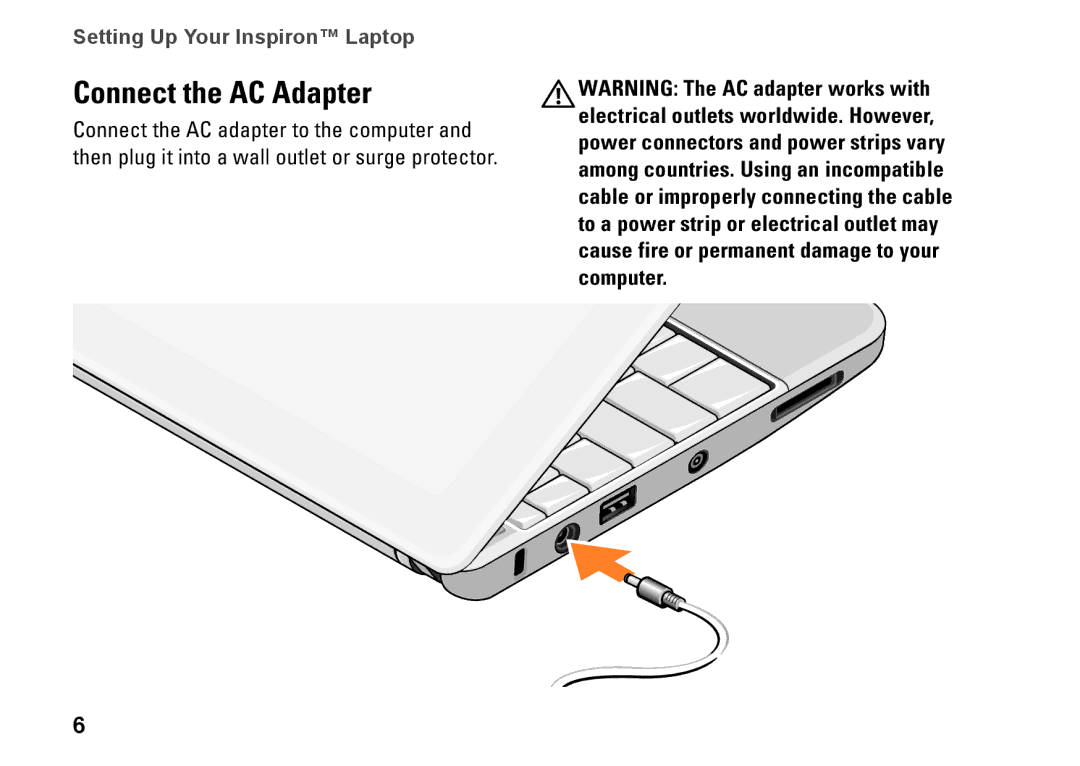 Dell Mini 10, PP19S, 0R891KA01 setup guide Connect the AC Adapter 