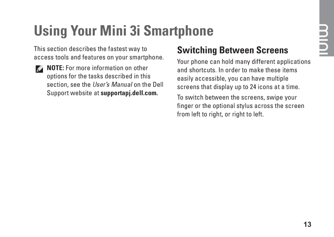 Dell MINI 3I setup guide Using Your Mini 3i Smartphone, Switching Between Screens 