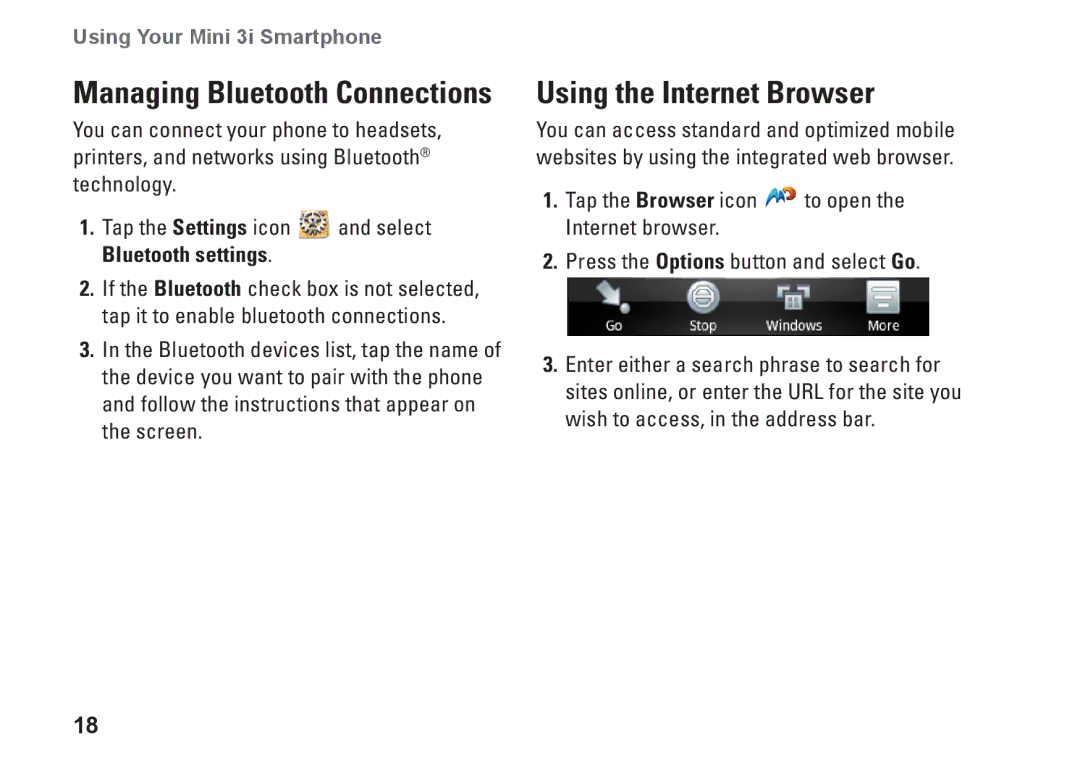 Dell MINI 3I setup guide Using the Internet Browser, Managing Bluetooth Connections 