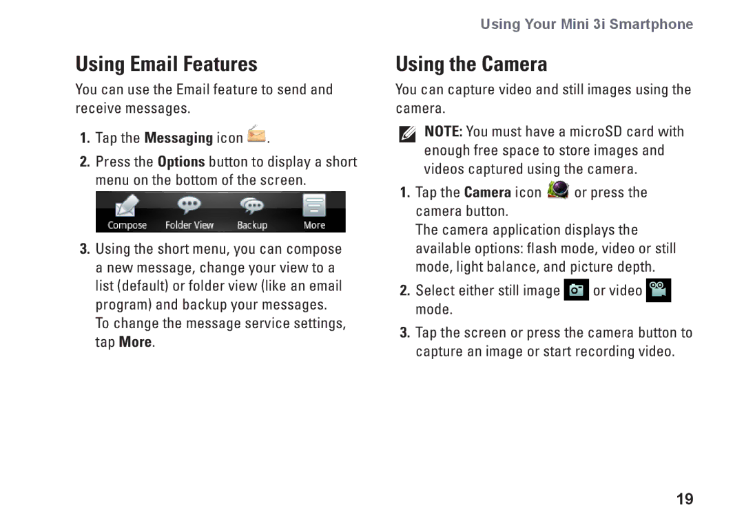 Dell MINI 3I setup guide Using Email Features, Using the Camera 