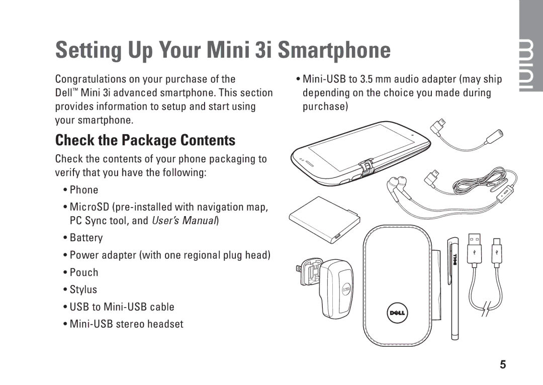 Dell MINI 3I setup guide Setting Up Your Mini 3i Smartphone, Check the Package Contents 