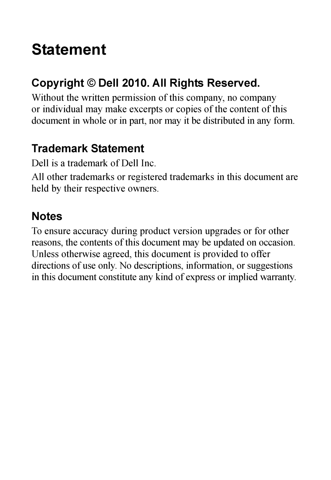 Dell MINI 3T1 manual Statement, Copyright Dell 2010. All Rights Reserved 